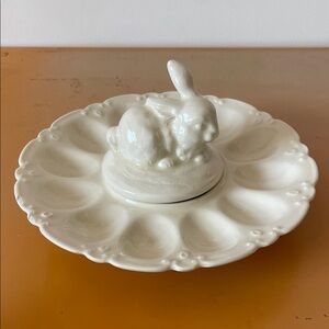 Vintage White Ceramic Bunny Deviled Egg Serving Plate
